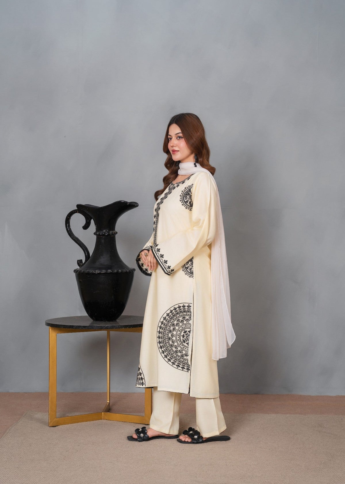 Cream Kurta Set for Women - ZAHOOR 3PCS Trouser Detail