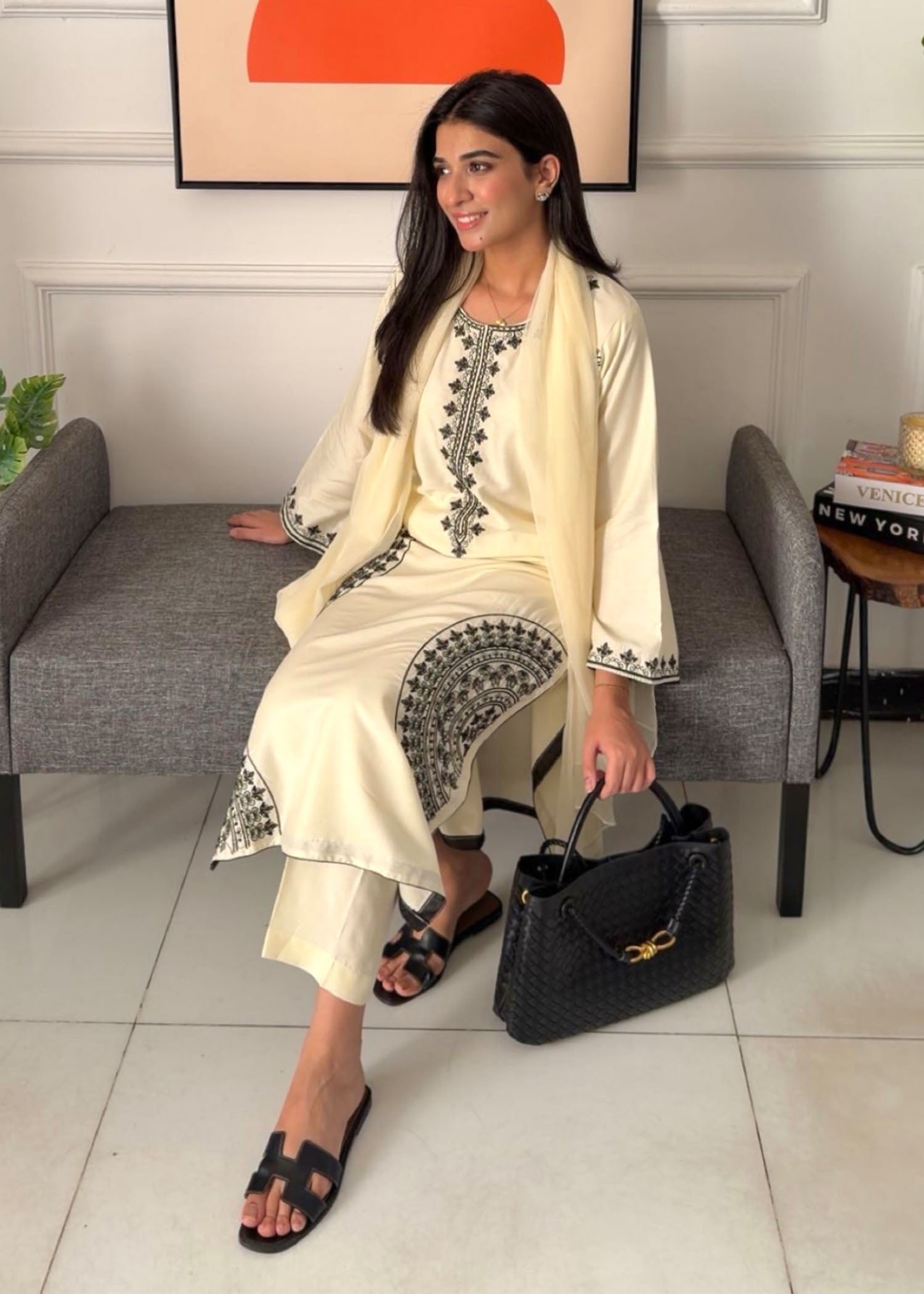 Cream Kurta Set for Women - ZAHOOR 3PCS Studio Shot 4