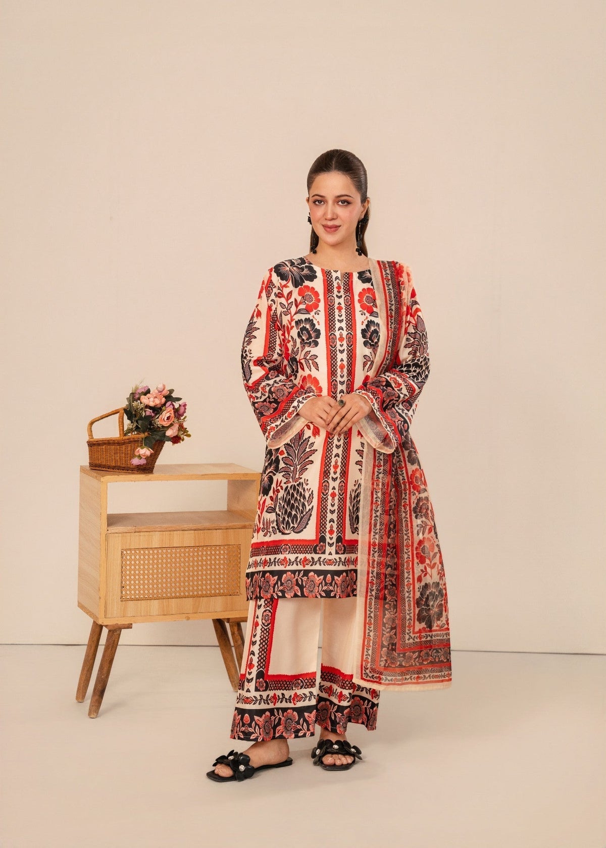 Cream Kurta Set for Women - FLORAL 3PCS