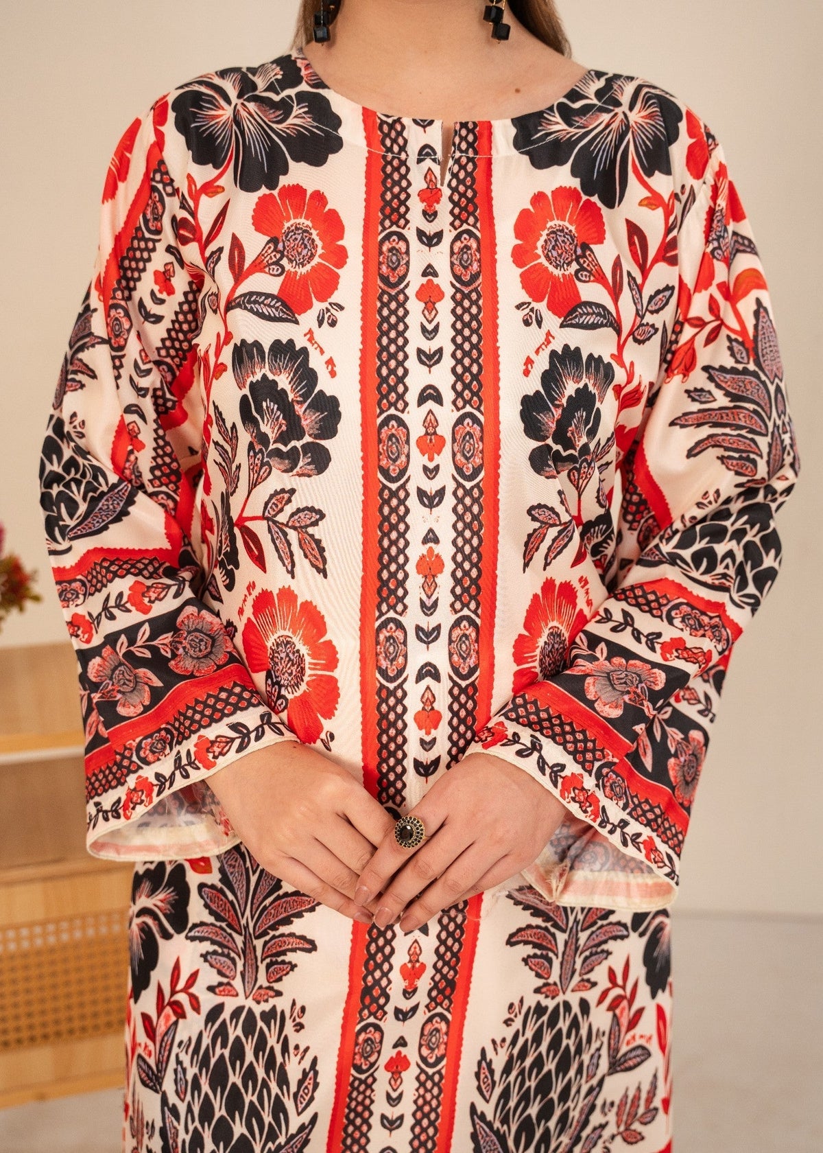 Cream Kurta Set for Women - FLORAL 3PCS Back Profile