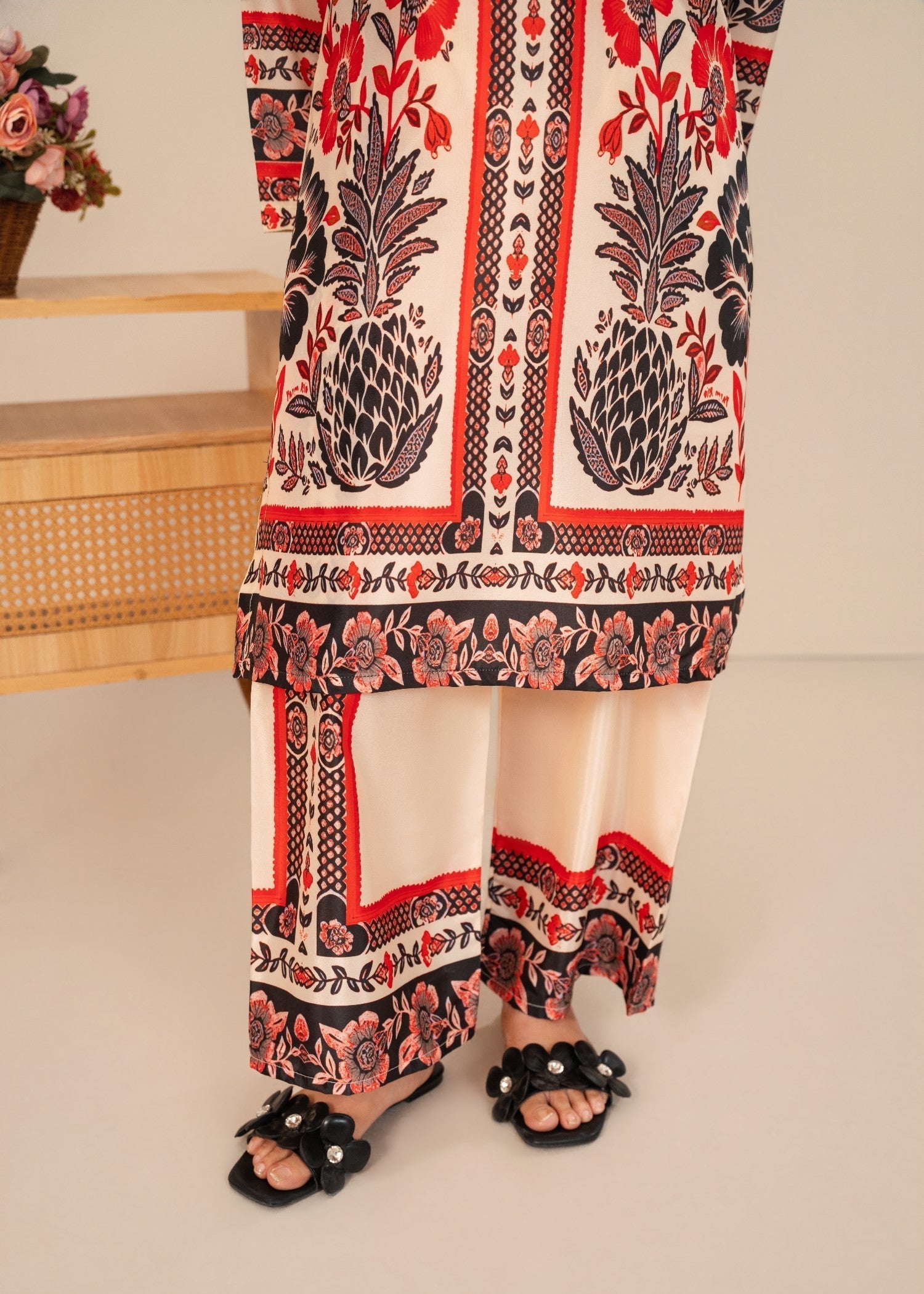 Cream Kurta Set for Women - FLORAL 3PCS Side Angle